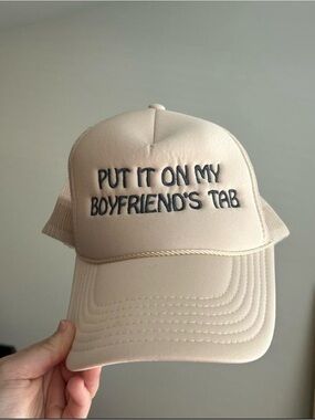 Put It On My Boyfriend's Tab Beige Trucker Hat